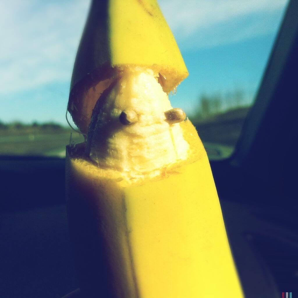 Banaanille on annettu silmät auringonkukan siemenistä, jotta se näyttää hahmolta.